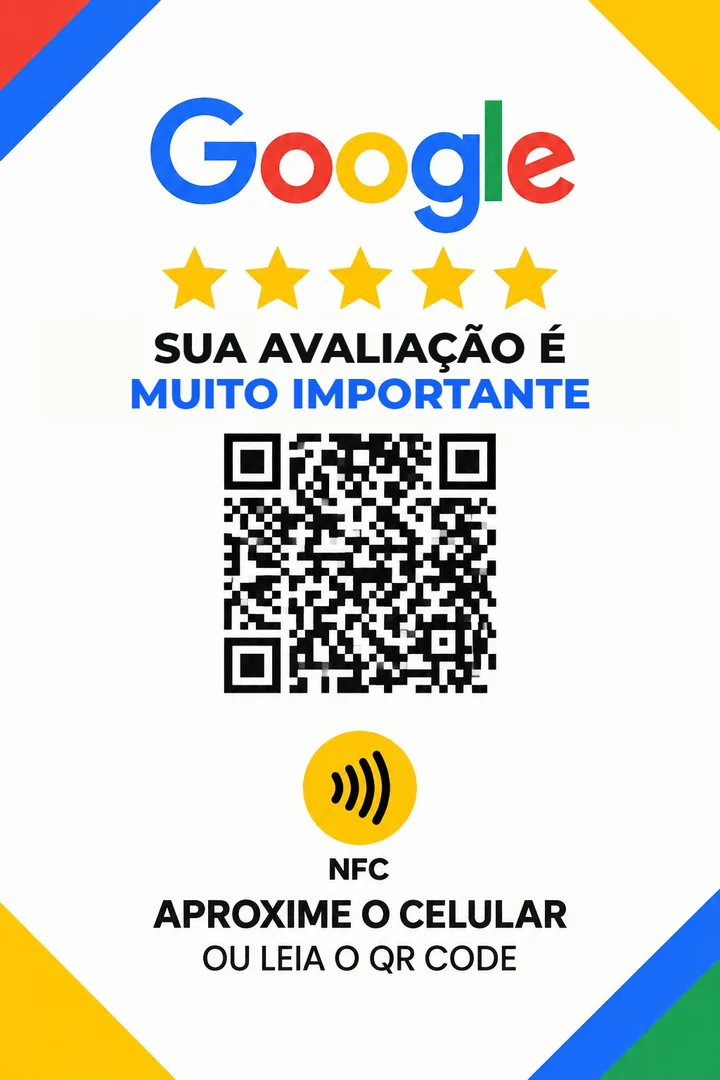 Placa vertical branca com logo do Google, cinco estrelas, QR Code e símbolo de NFC