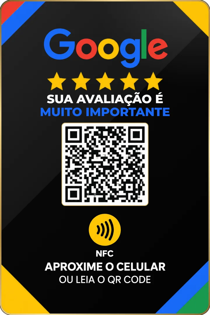 Placa vertical preta com logo do Google, cinco estrelas, QR Code e símbolo de NFC